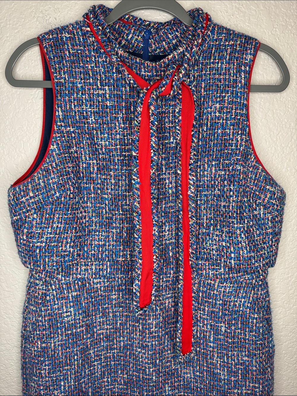 J. Crew Tie-Neck Tank Sheath Dress In Autumn Tweed Blue Red Size 12 - Picture 4 of 9